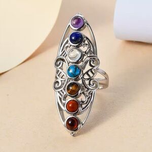 Multi Gemstone Seven Chakra Elongated Silver Ring
